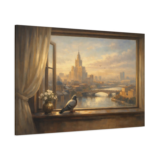 Main Mockup. Birds Pigeon Golden Cityscape shown as stretched canvas wall art