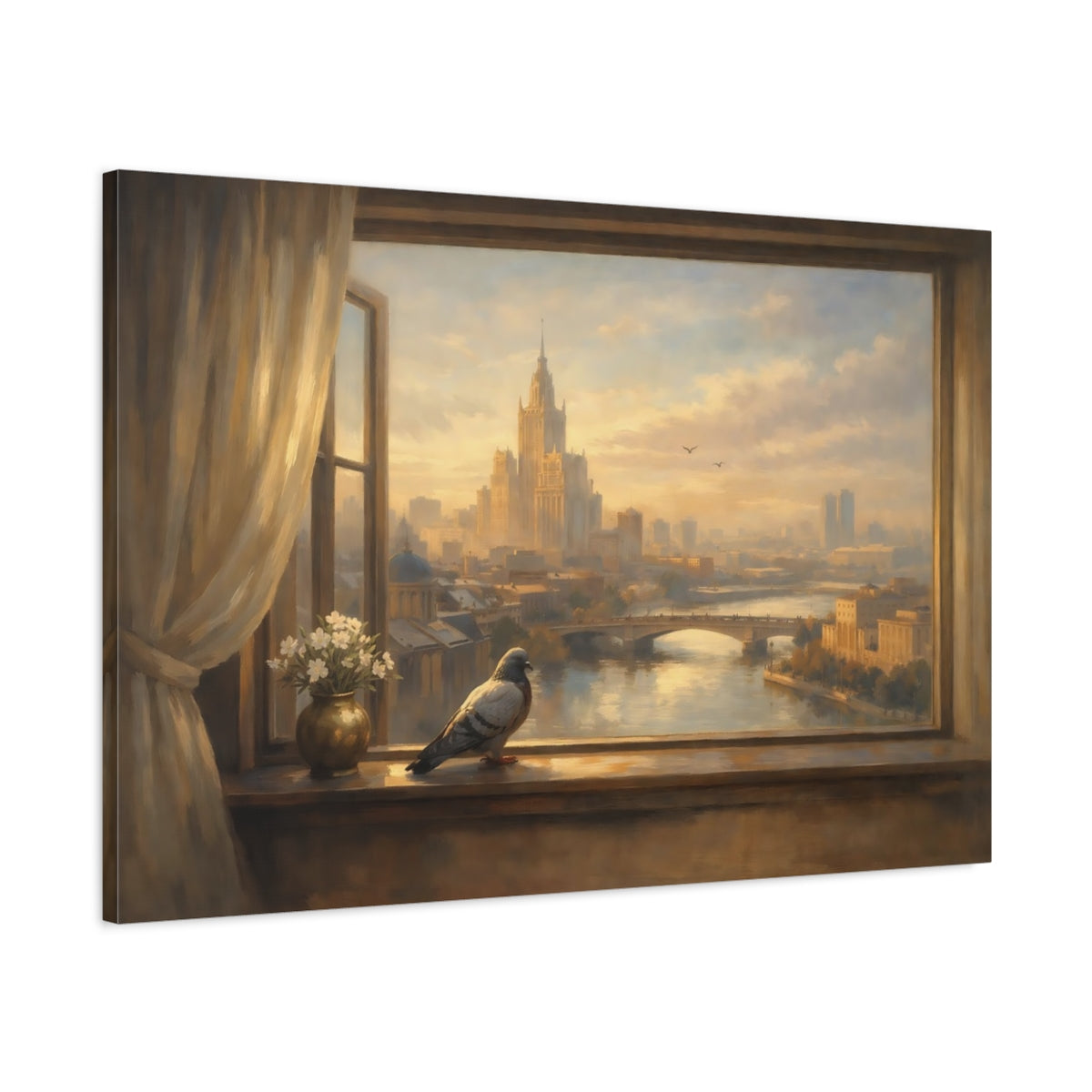 Side Mockup 1. Birds Pigeon Golden Cityscape shown as stretched canvas wall art