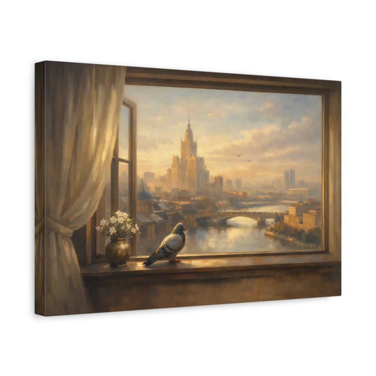 Side Mockup 4. Birds Pigeon Golden Cityscape shown as stretched canvas wall art