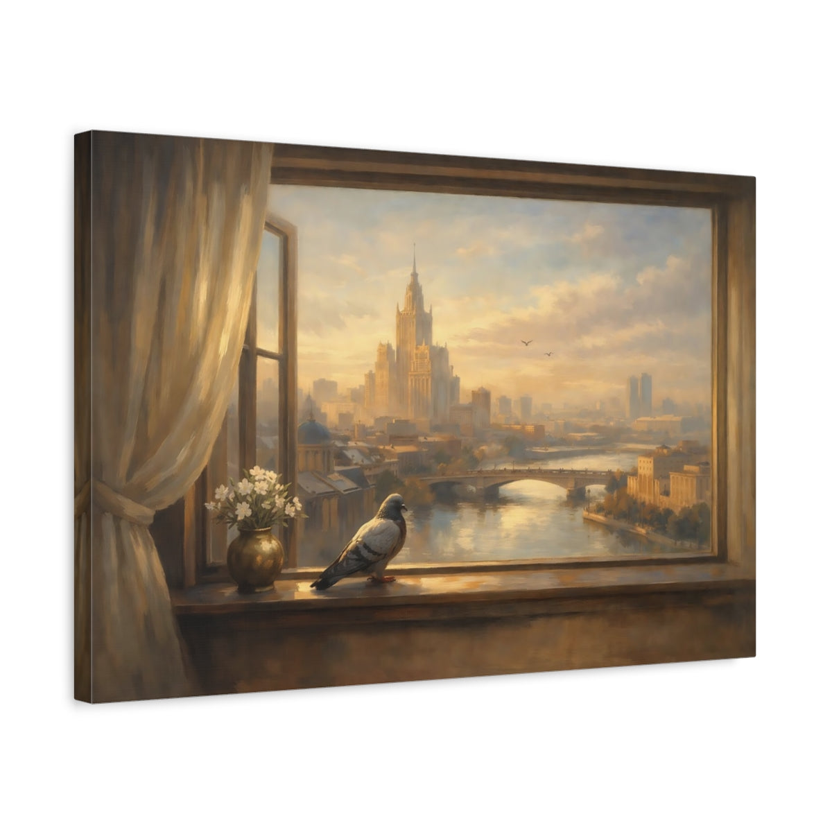 Side Mockup 3. Birds Pigeon Golden Cityscape shown as stretched canvas wall art