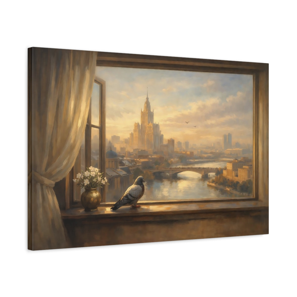 Side Mockup 2. Birds Pigeon Golden Cityscape shown as stretched canvas wall art