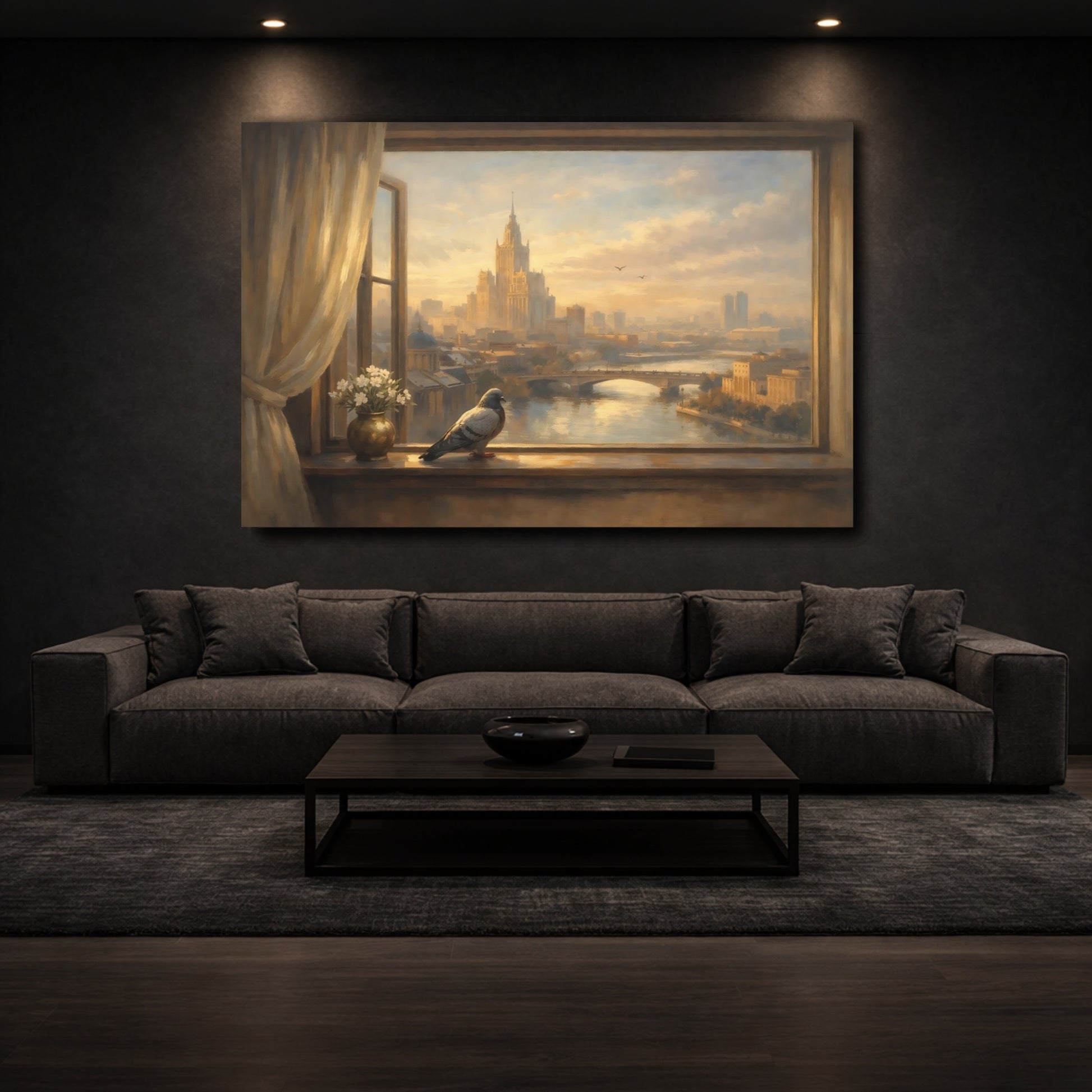 Mockup 2. Birds Pigeon Golden Cityscape shown as stretched canvas wall art