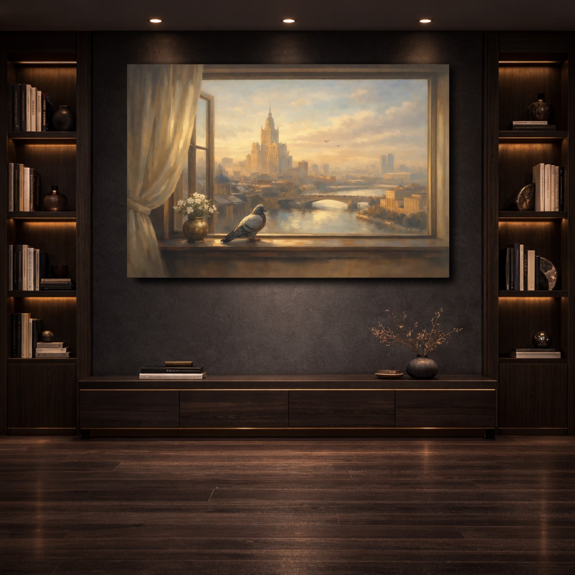 Mockup 3. Birds Pigeon Golden Cityscape shown as stretched canvas wall art