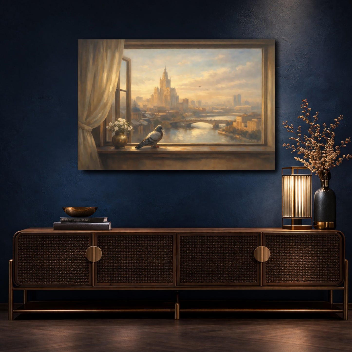 Mockup 4. Birds Pigeon Golden Cityscape shown as stretched canvas wall art