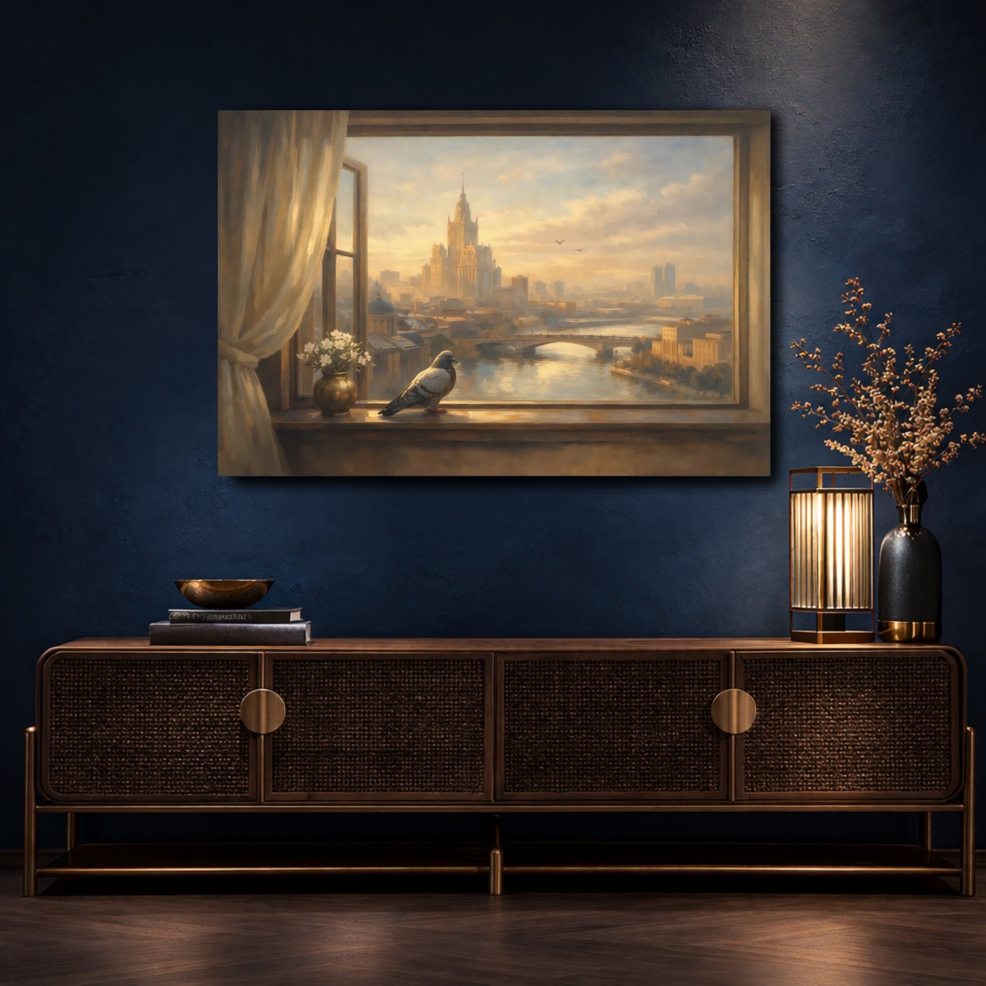 Mockup 4. Birds Pigeon Golden Cityscape shown as stretched canvas wall art
