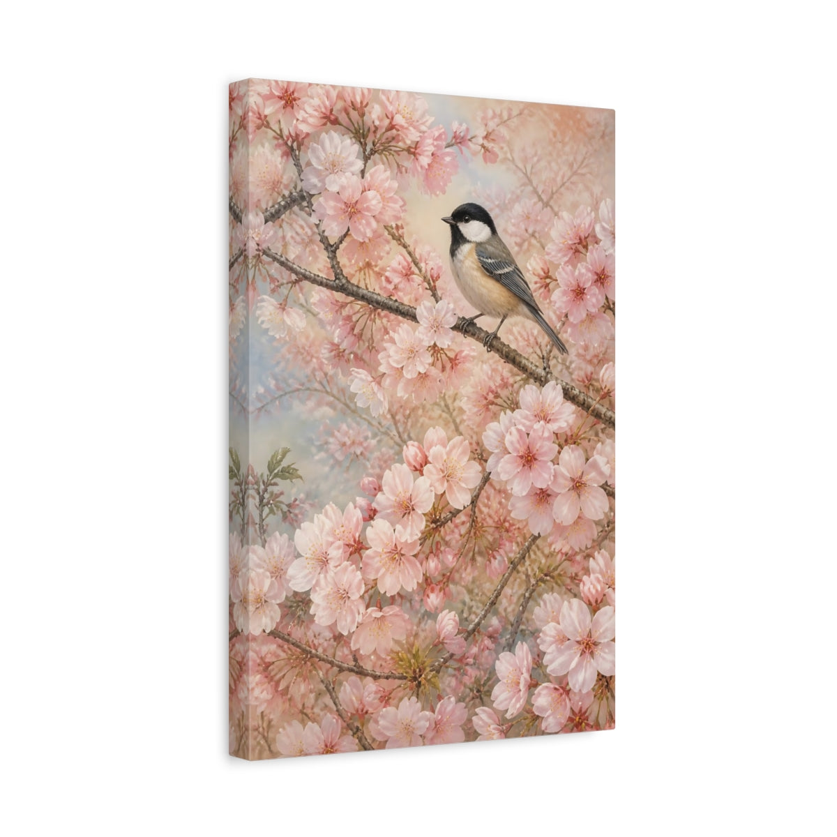 Side Mockup 4. Birds Bird Pink Cherry Blossom shown as canvas print