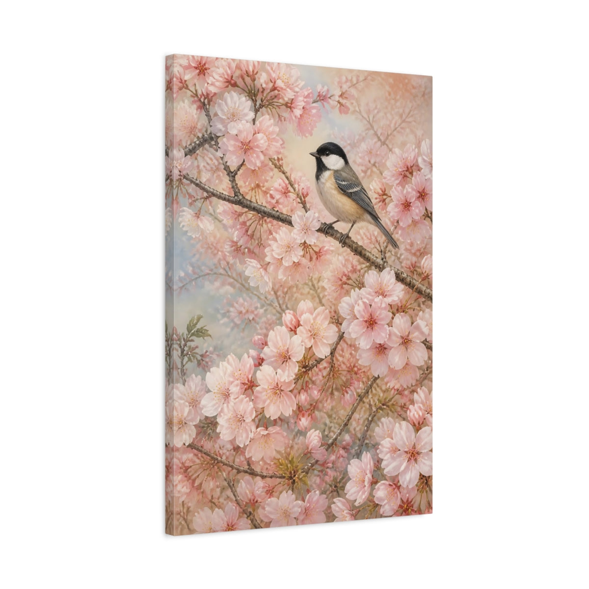 Side Mockup 2. Birds Bird Pink Cherry Blossom shown as canvas print
