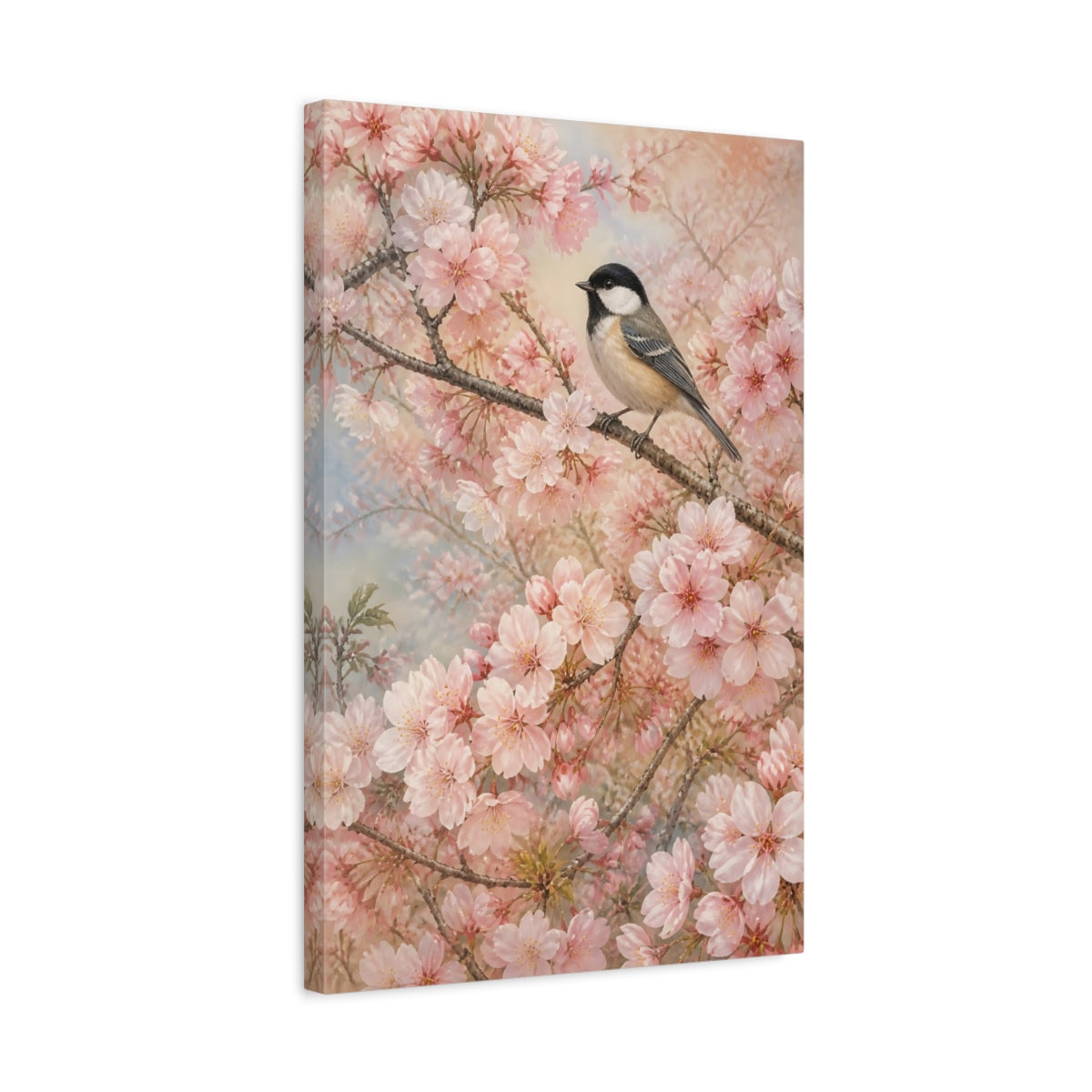 Side Mockup 3. Birds Bird Pink Cherry Blossom shown as canvas print