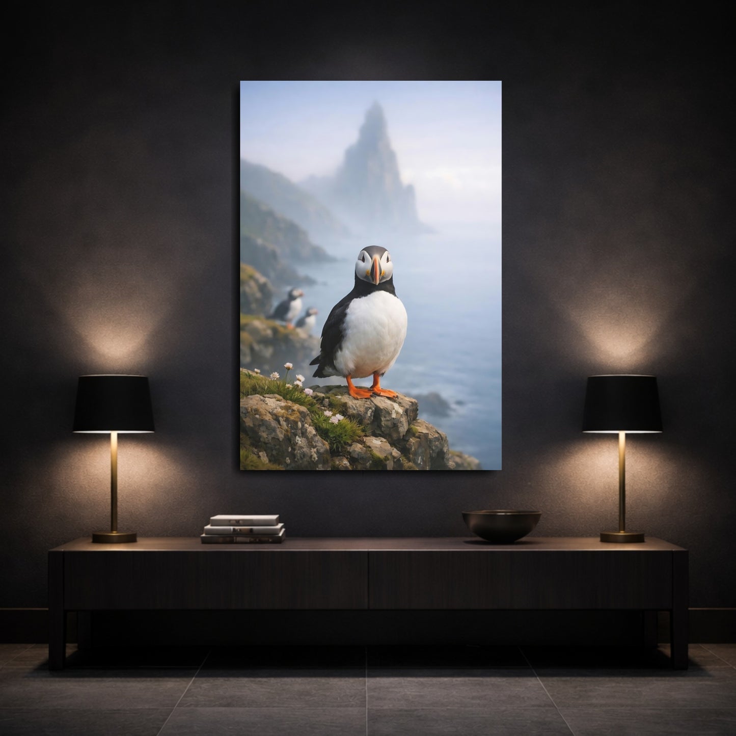 Mockup 2. Birds Puffin Puffin Bird shown as stretched canvas wall art
