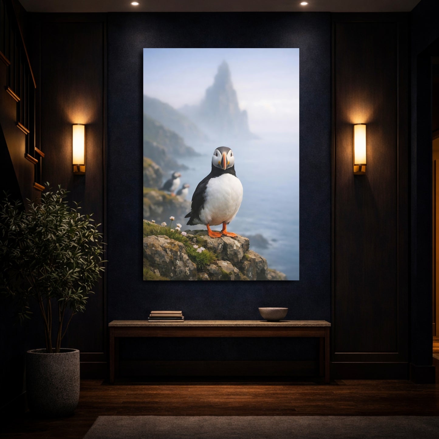 Mockup 3. Birds Puffin Puffin Bird shown as stretched canvas wall art