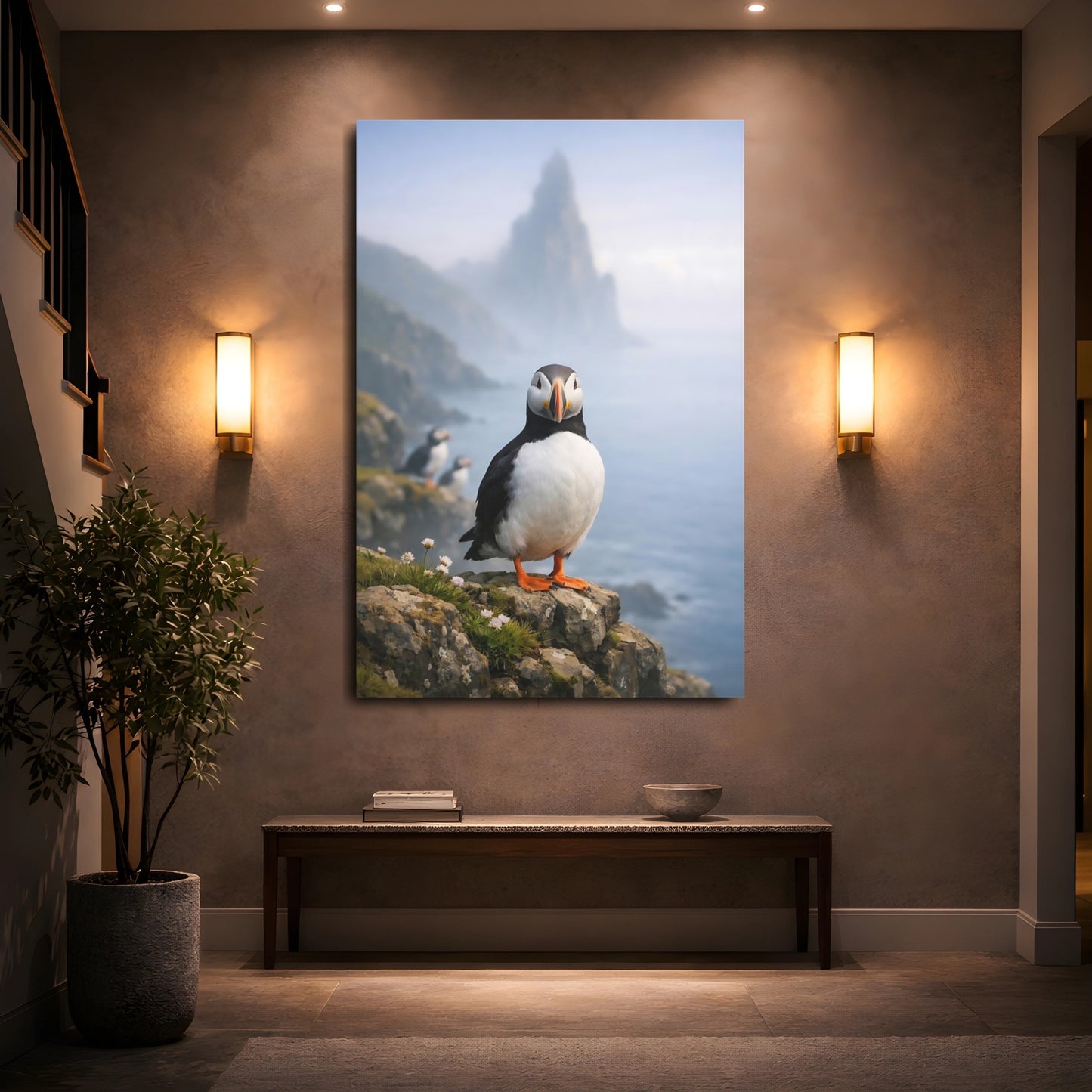 Mockup 4. Birds Puffin Puffin Bird shown as stretched canvas wall art