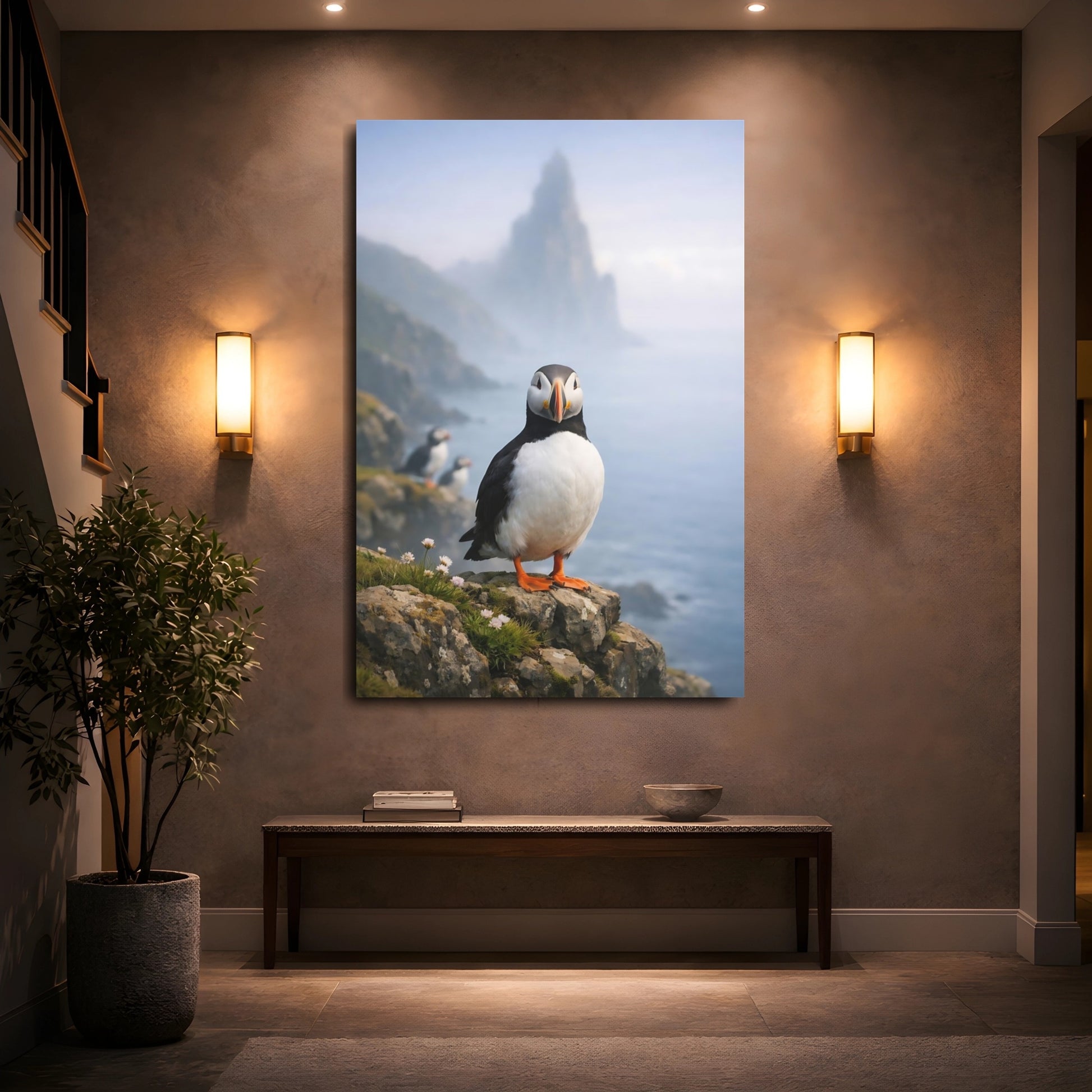 Mockup 4. Birds Puffin Puffin Bird shown as stretched canvas wall art