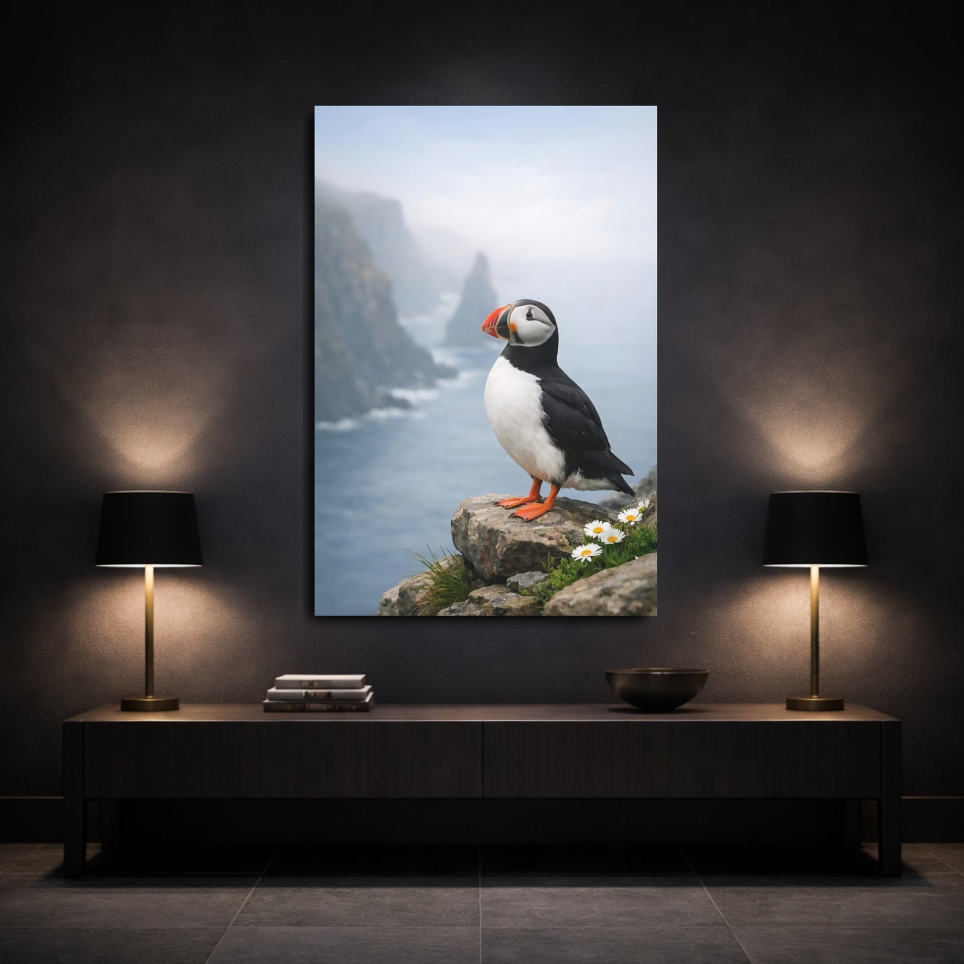 Mockup 2. Birds Puffin Puffin Ocean shown as stretched canvas wall art
