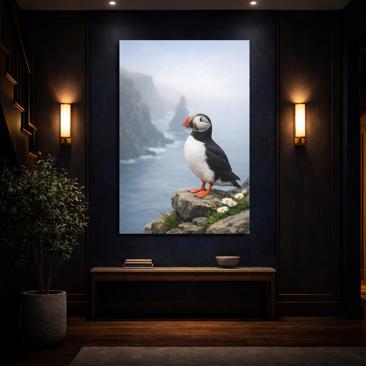 Mockup 3. Birds Puffin Puffin Ocean shown as stretched canvas wall art