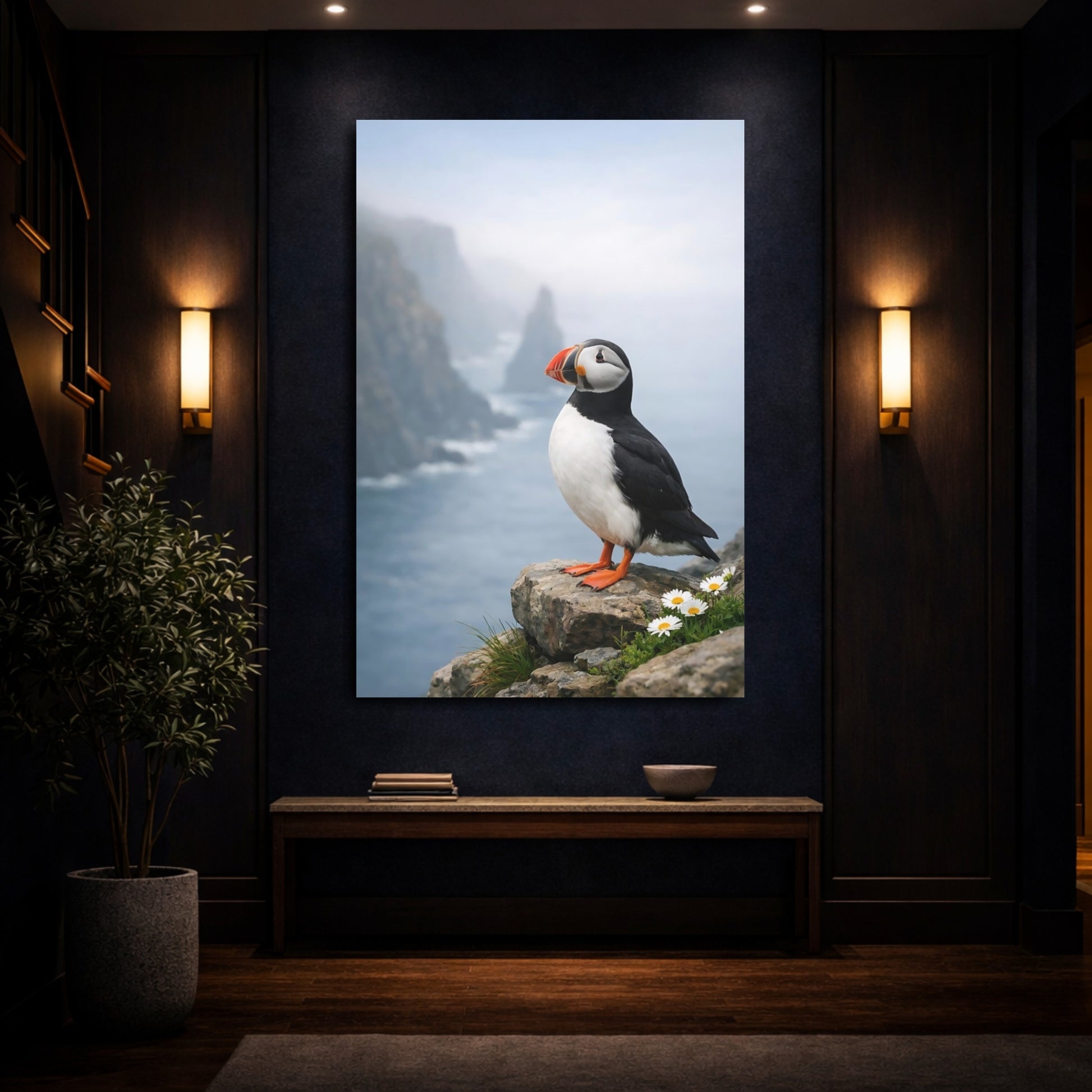 Mockup 3. Birds Puffin Puffin Ocean shown as stretched canvas wall art