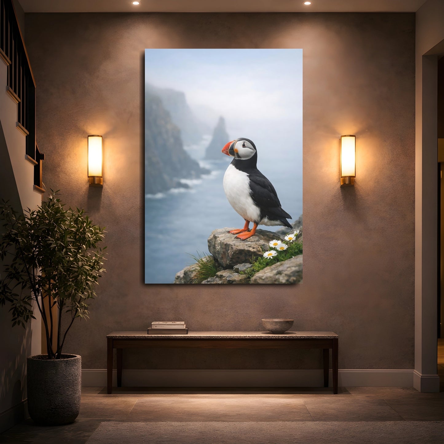 Mockup 4. Birds Puffin Puffin Ocean shown as stretched canvas wall art