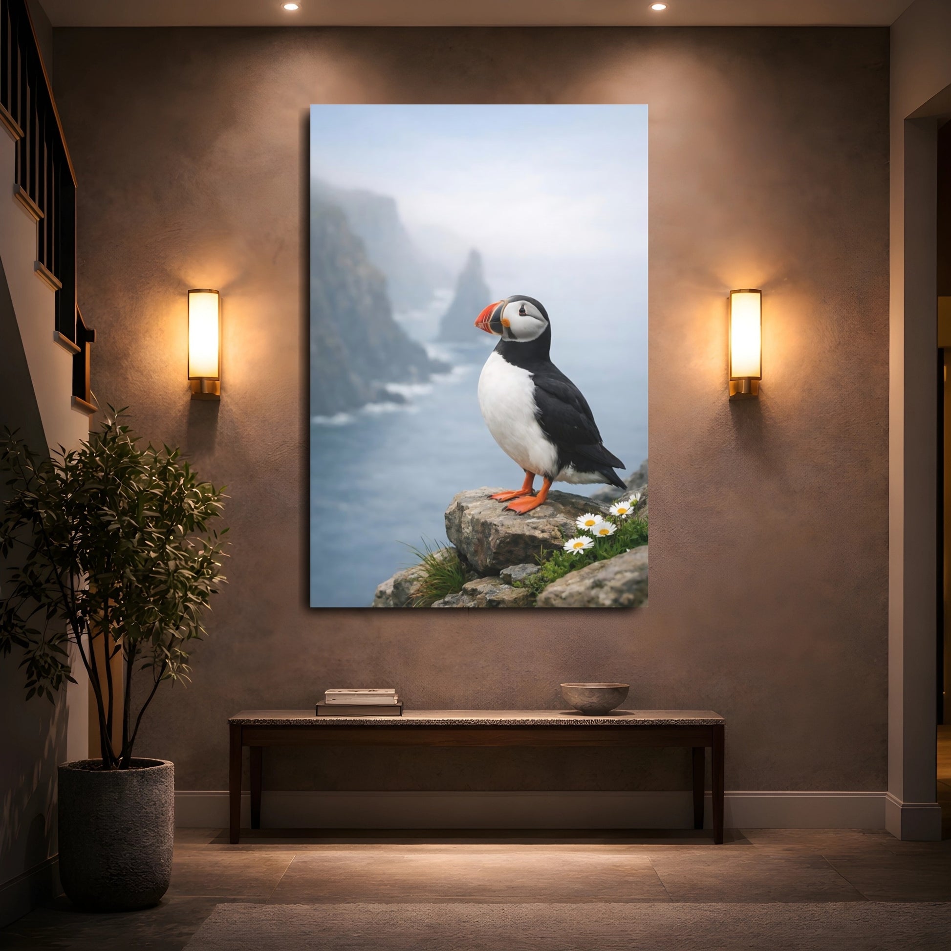 Mockup 4. Birds Puffin Puffin Ocean shown as stretched canvas wall art