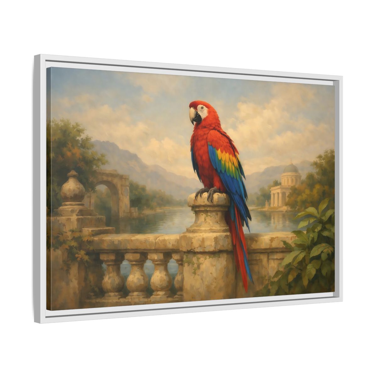 Side Mockup 10. Birds Red Parrot Vibrant Red Parrot shown as stretched canvas wall art