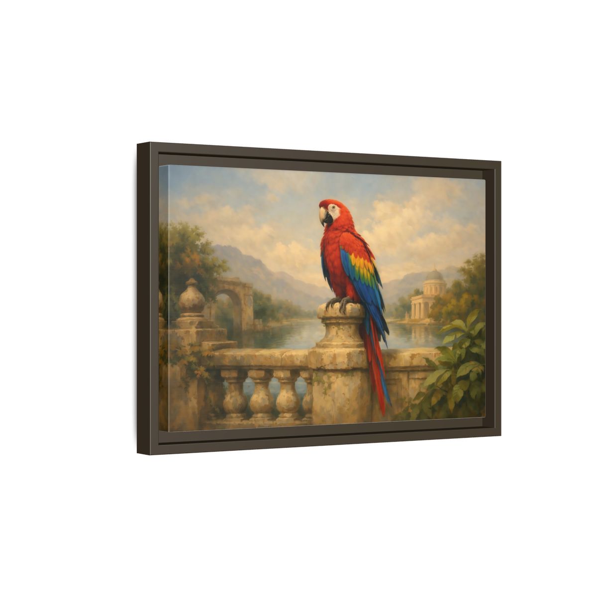 Side Mockup 5. Birds Red Parrot Vibrant Red Parrot shown as stretched canvas wall art