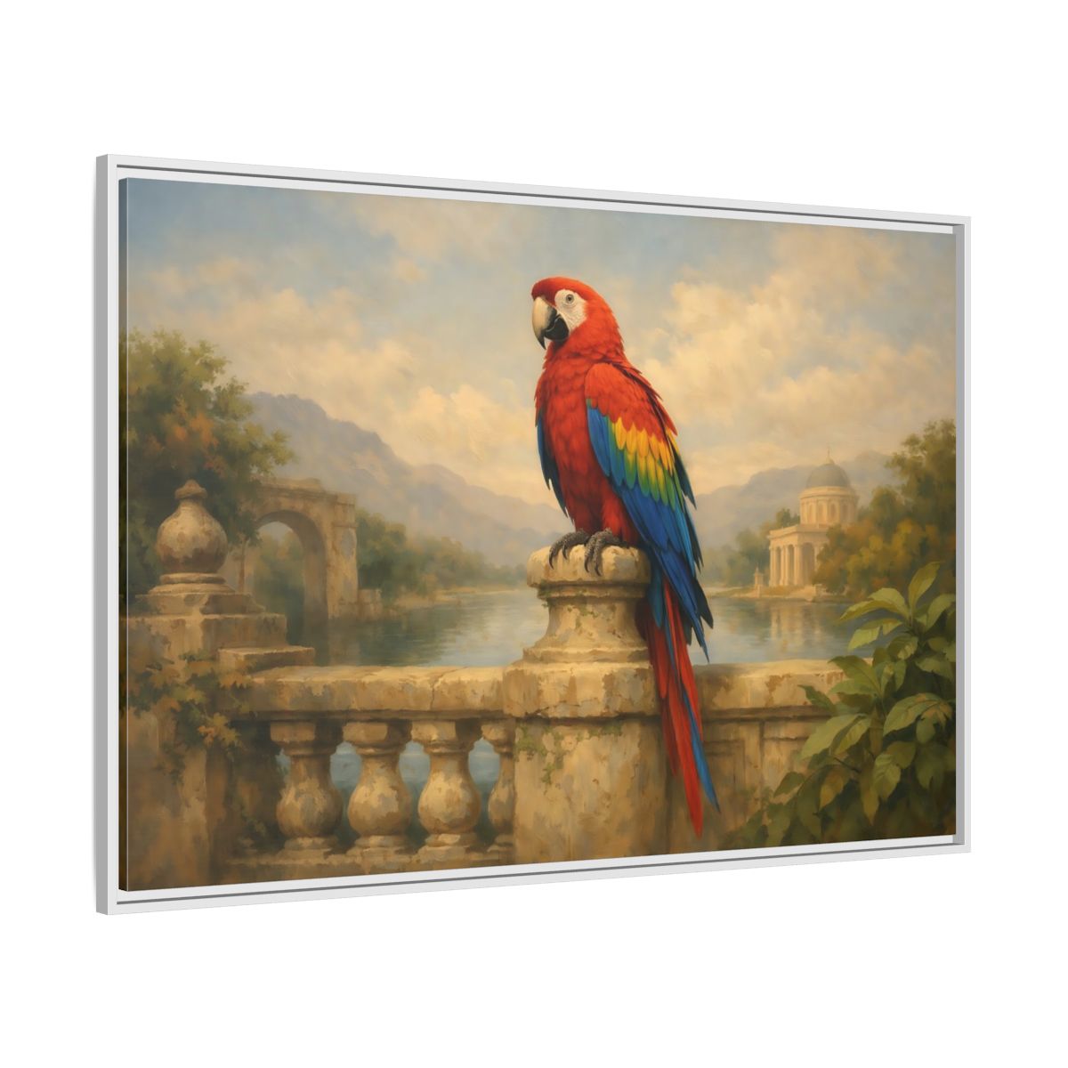 Side Mockup 7. Birds Red Parrot Vibrant Red Parrot shown as stretched canvas wall art
