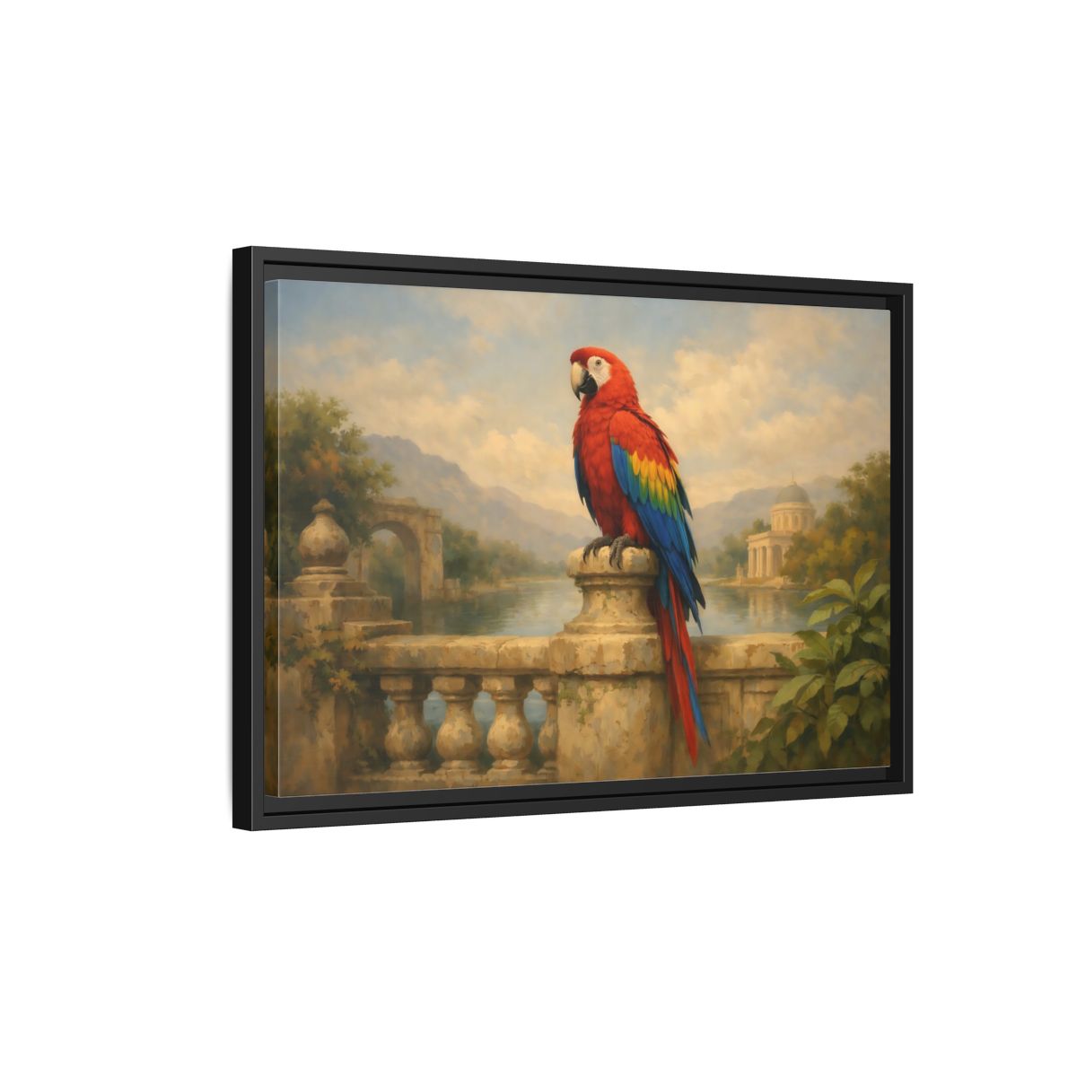 Side Mockup 3. Birds Red Parrot Vibrant Red Parrot shown as stretched canvas wall art