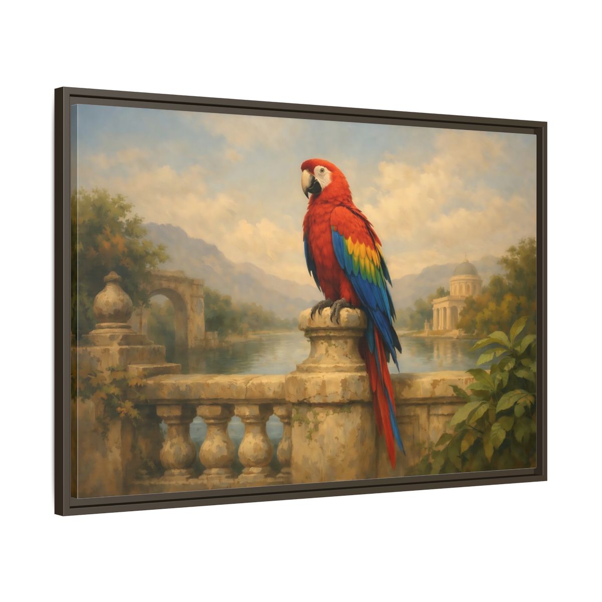 Side Mockup 9. Birds Red Parrot Vibrant Red Parrot shown as stretched canvas wall art