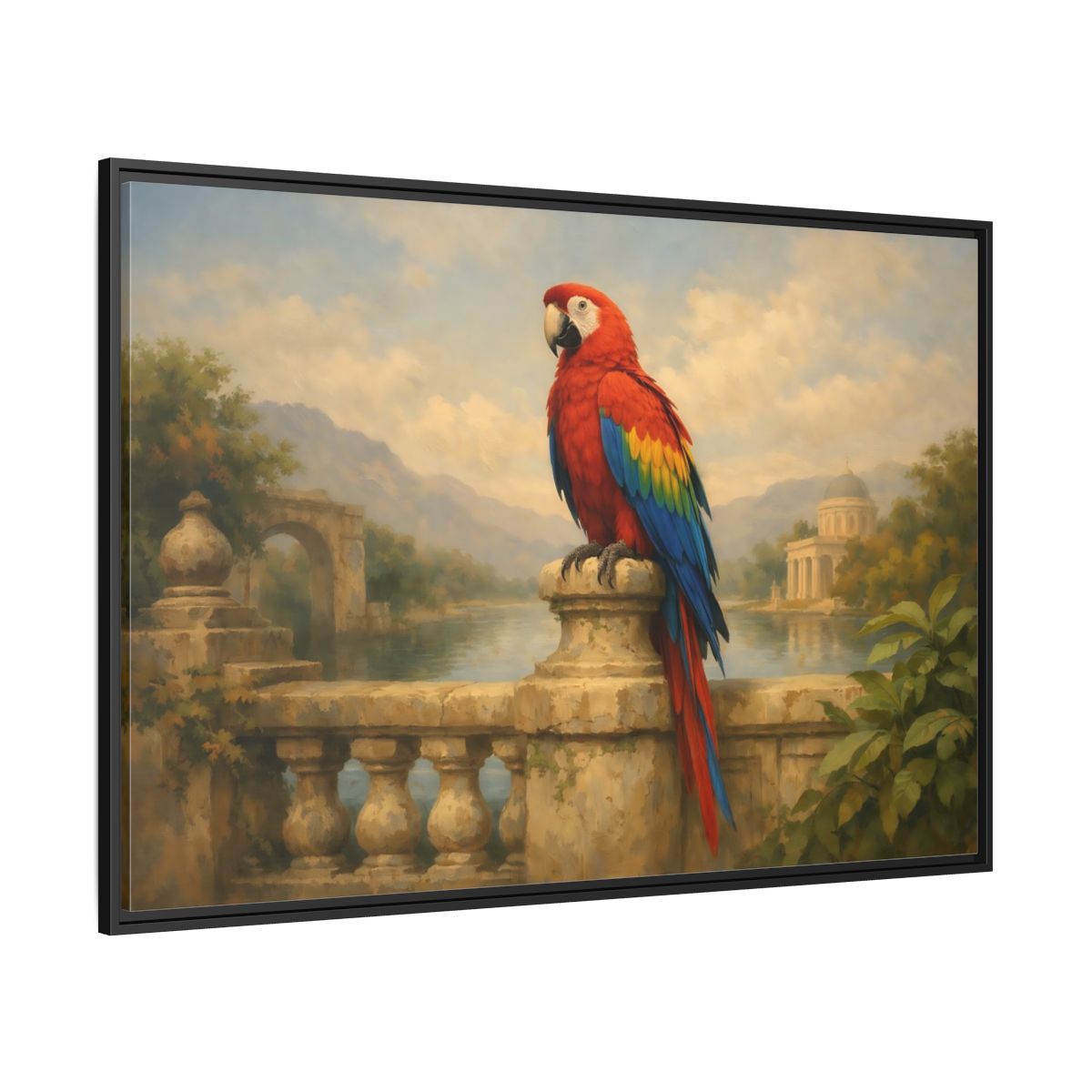 Side Mockup 12. Birds Red Parrot Vibrant Red Parrot shown as stretched canvas wall art