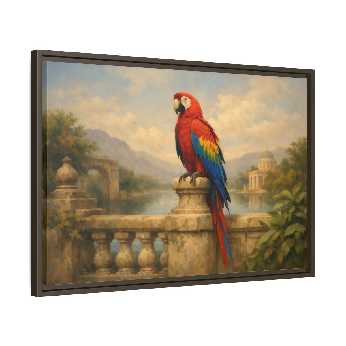 Side Mockup 11. Birds Red Parrot Vibrant Red Parrot shown as stretched canvas wall art