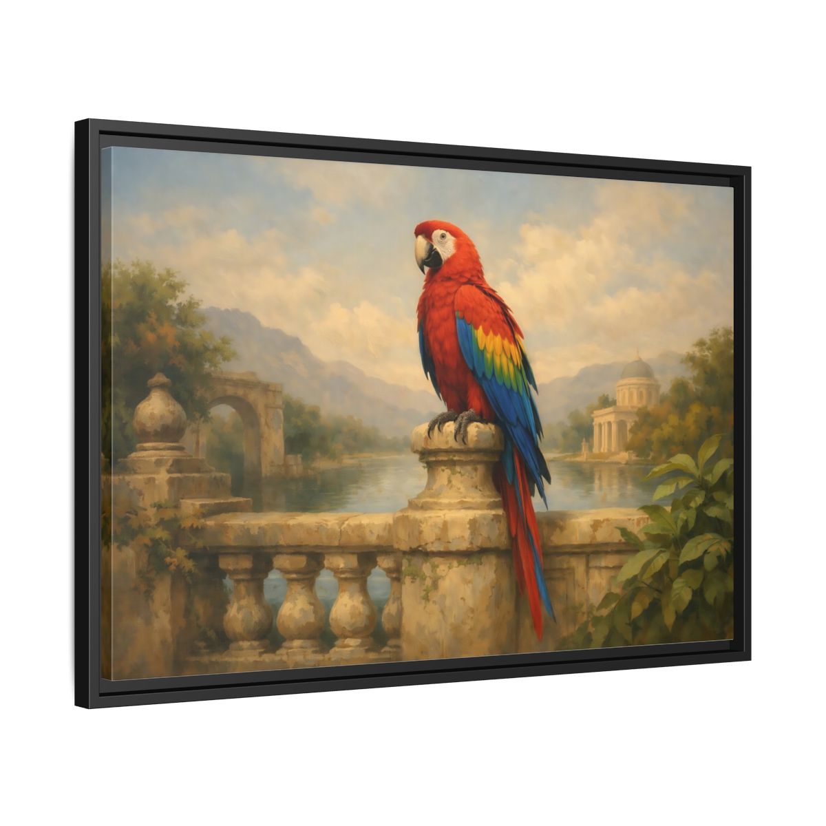 Side Mockup 14. Birds Red Parrot Vibrant Red Parrot shown as stretched canvas wall art
