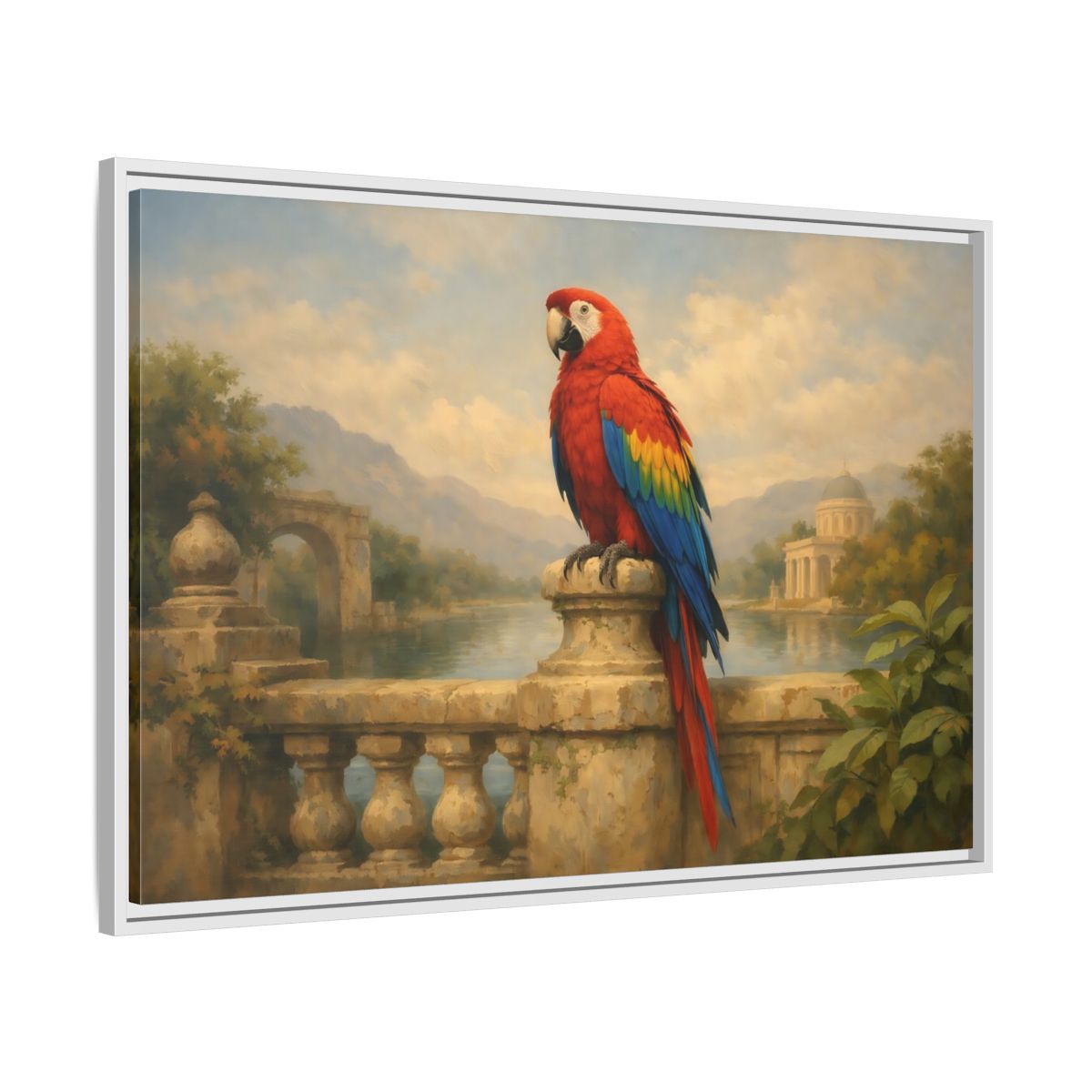 Side Mockup 8. Birds Red Parrot Vibrant Red Parrot shown as stretched canvas wall art