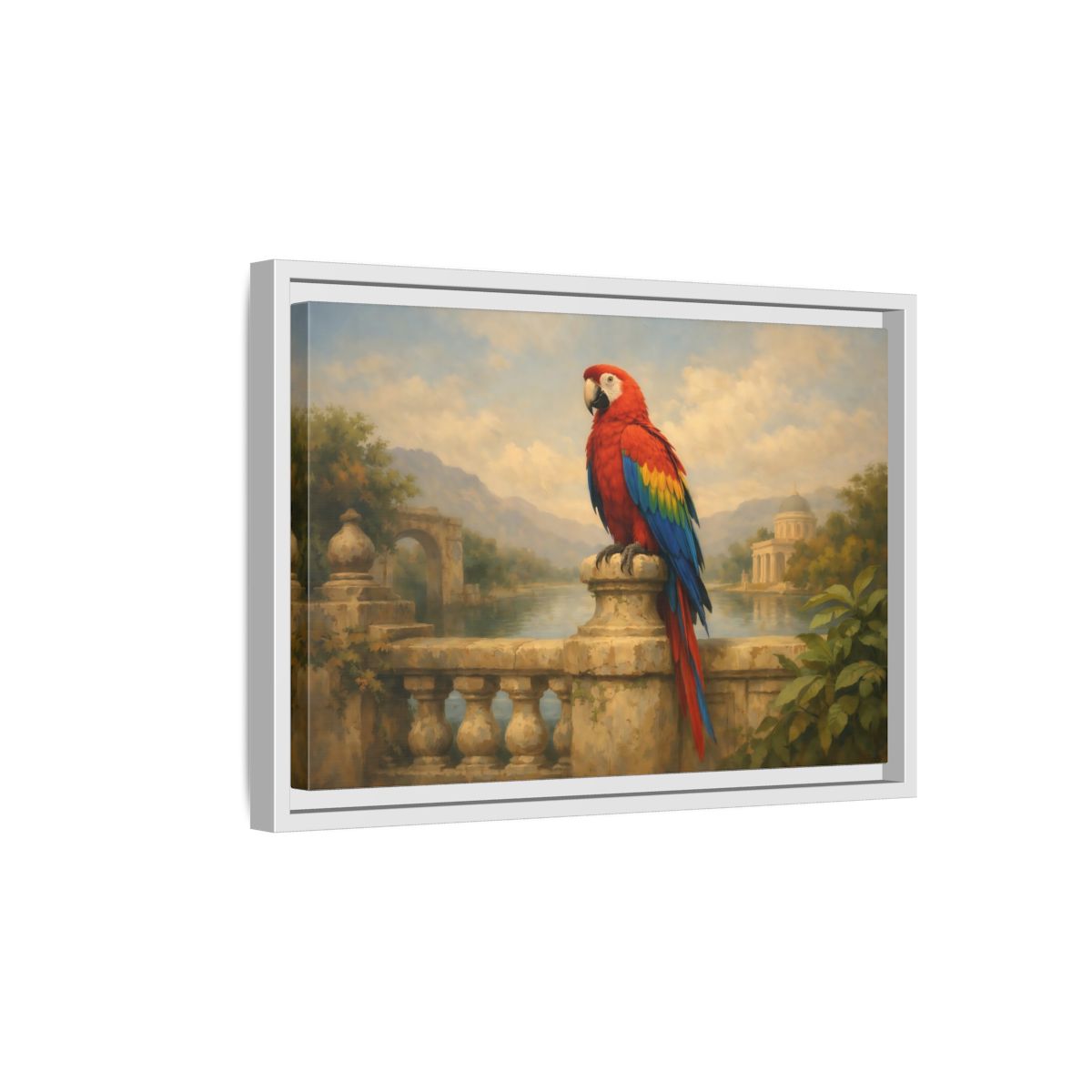 Side Mockup 4. Birds Red Parrot Vibrant Red Parrot shown as stretched canvas wall art