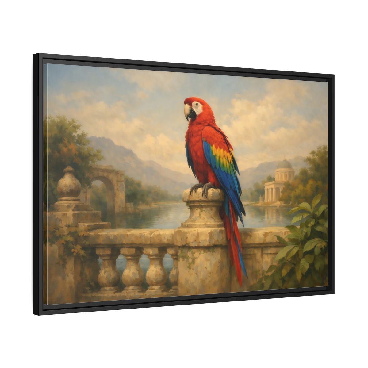 Side Mockup 13. Birds Red Parrot Vibrant Red Parrot shown as stretched canvas wall art