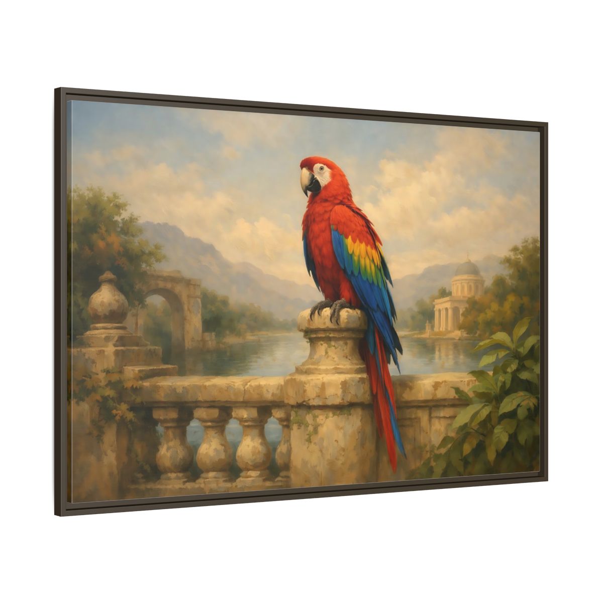 Main Mockup. Birds Red Parrot Vibrant Red Parrot shown as stretched canvas wall art