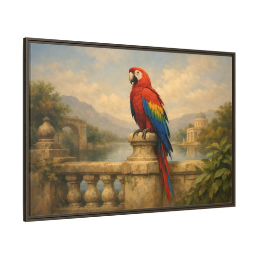 Main Mockup. Birds Red Parrot Vibrant Red Parrot shown as stretched canvas wall art