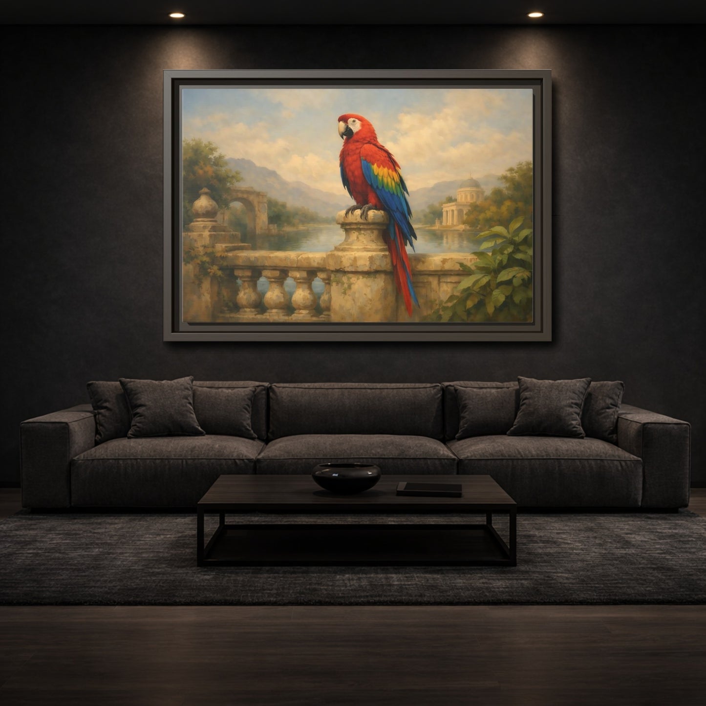 Mockup 2. Birds Red Parrot Vibrant Red Parrot shown as stretched canvas wall art