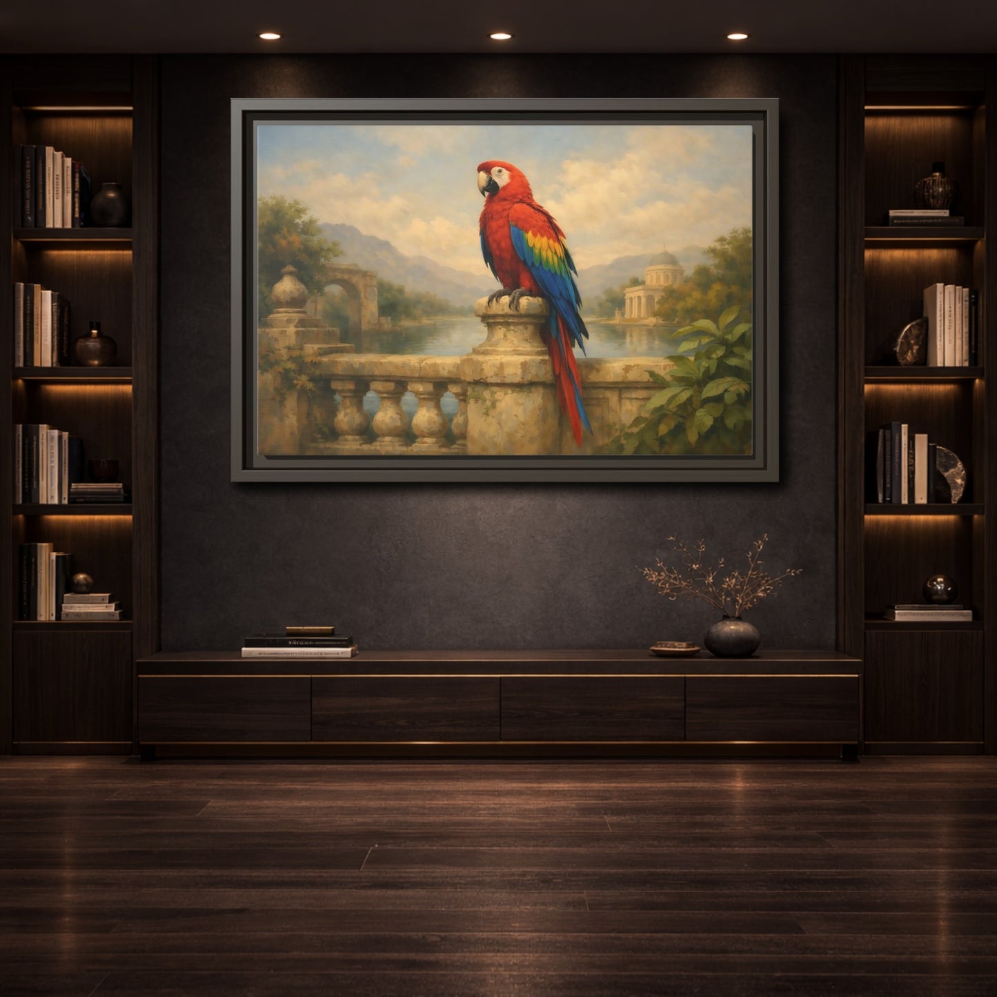 Mockup 3. Birds Red Parrot Vibrant Red Parrot shown as stretched canvas wall art