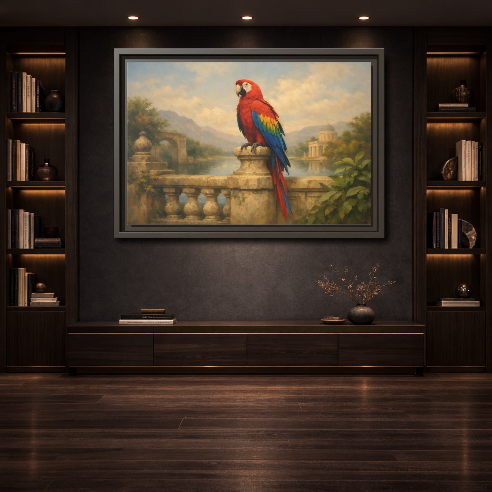 Mockup 3. Birds Red Parrot Vibrant Red Parrot shown as stretched canvas wall art