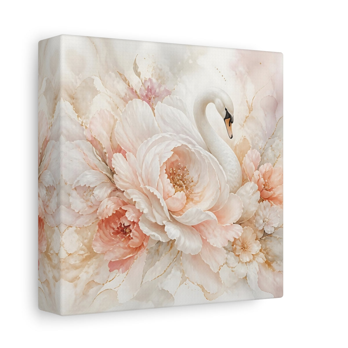 Side Mockup 2. Birds Swan Blush Swan Floral shown as stretched canvas wall art