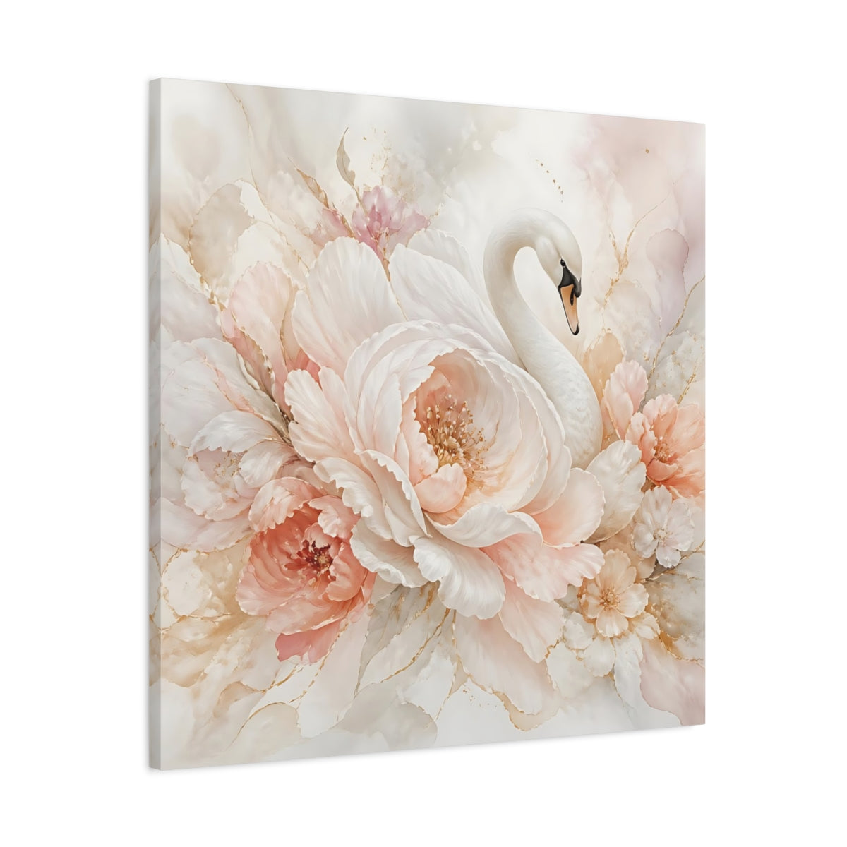 Side Mockup 3. Birds Swan Blush Swan Floral shown as stretched canvas wall art