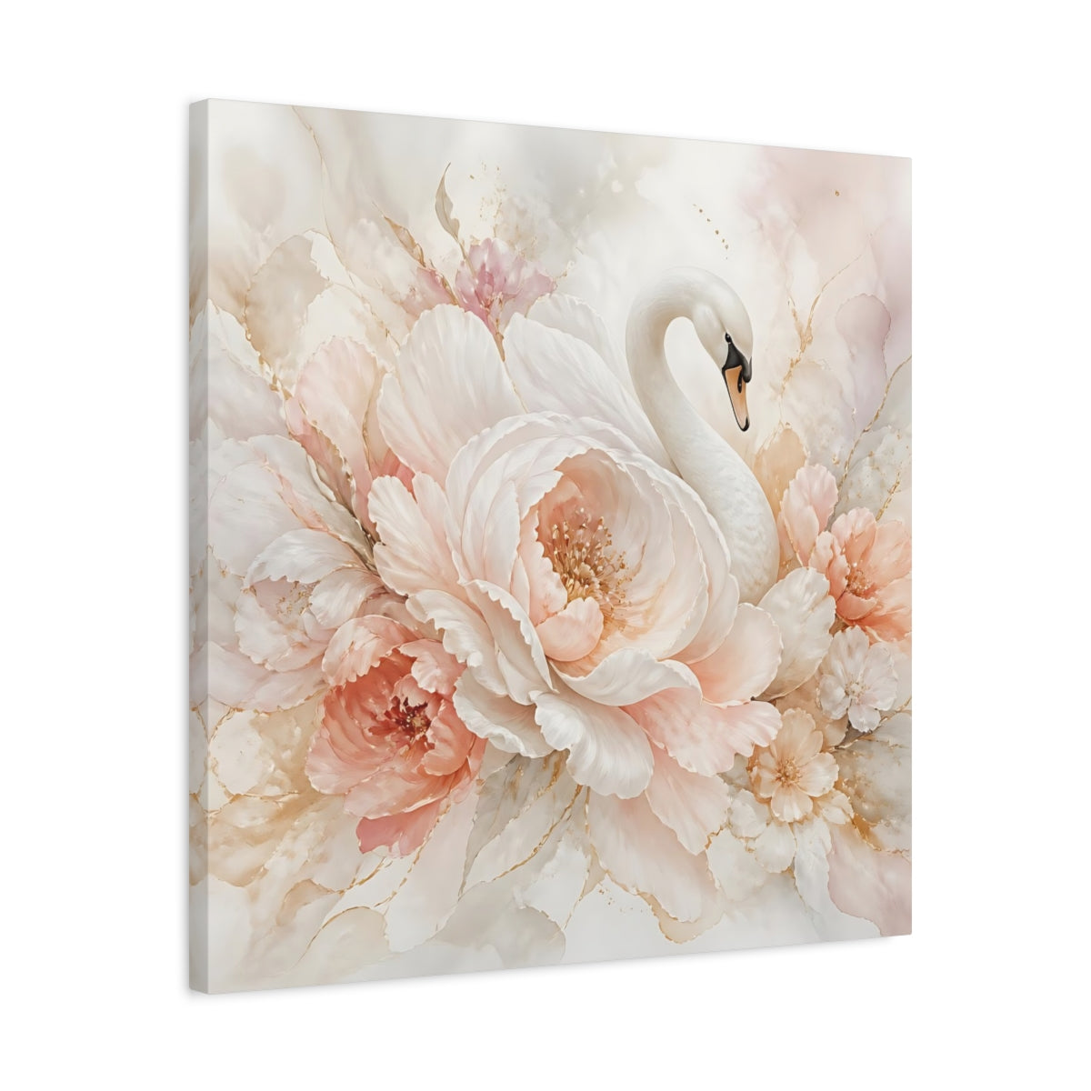 Side Mockup 4. Birds Swan Blush Swan Floral shown as stretched canvas wall art