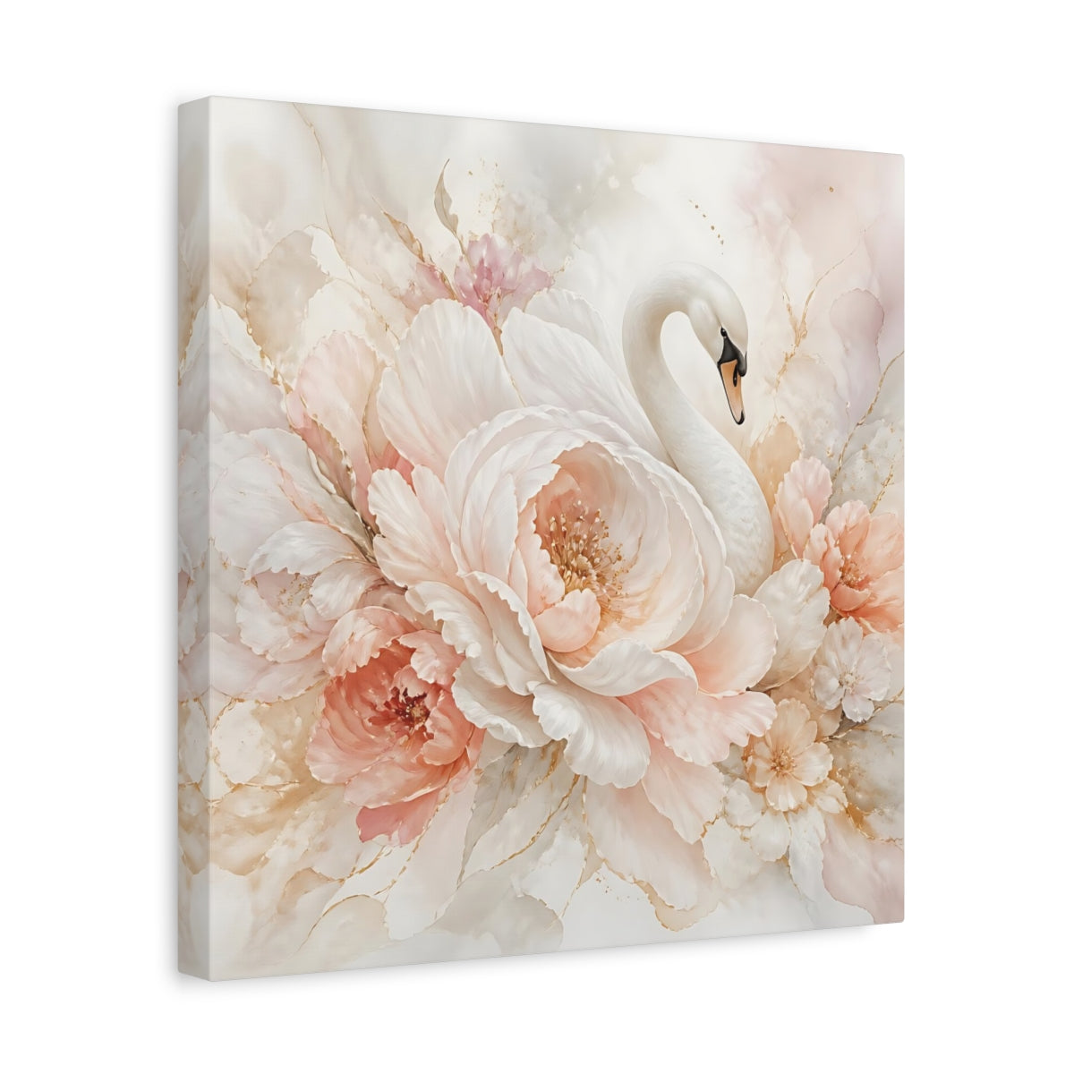 Side Mockup 7. Birds Swan Blush Swan Floral shown as stretched canvas wall art