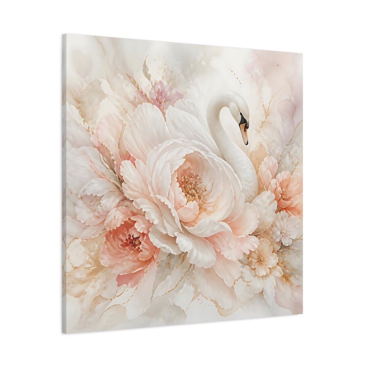Side Mockup 1. Birds Swan Blush Swan Floral shown as stretched canvas wall art