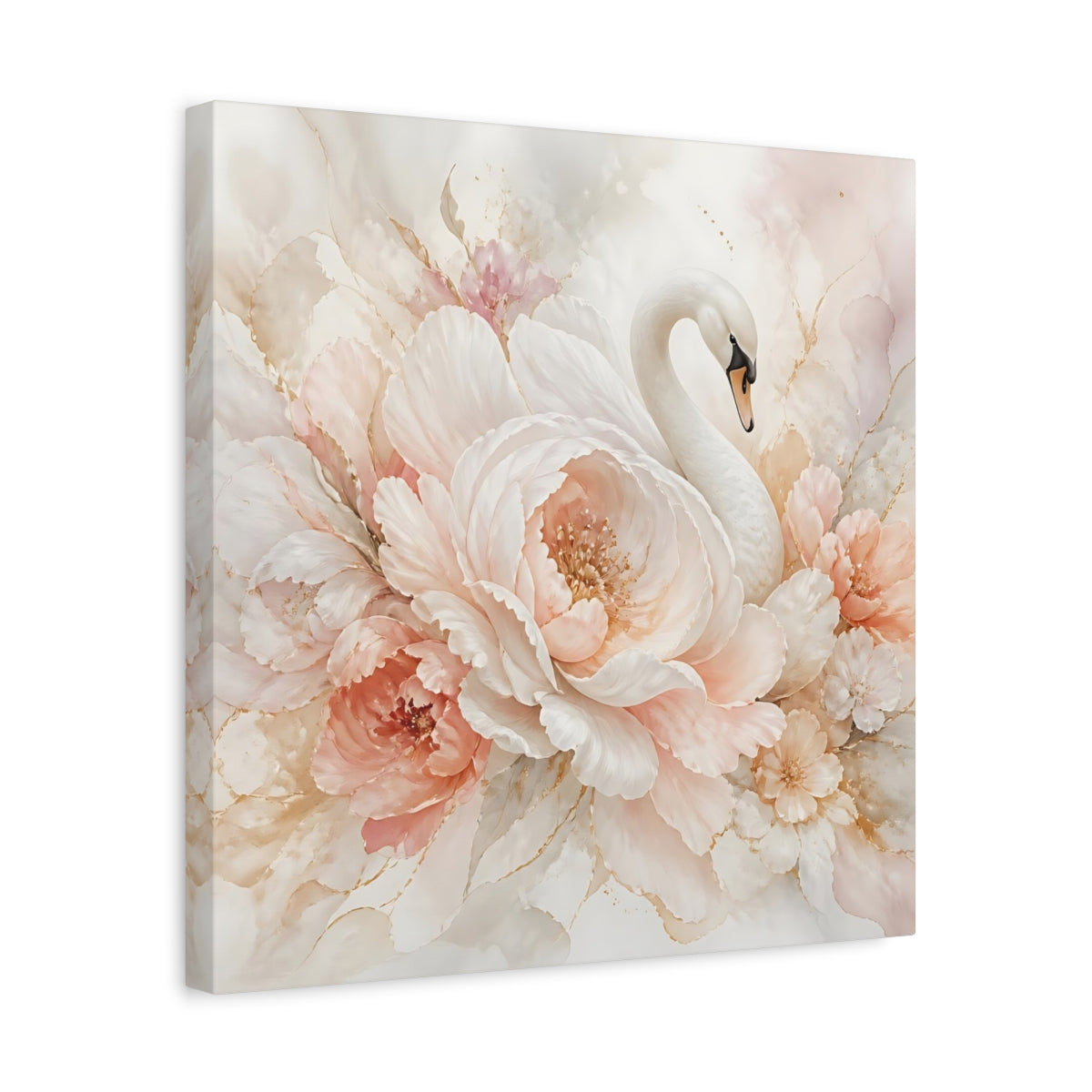 Side Mockup 6. Birds Swan Blush Swan Floral shown as stretched canvas wall art