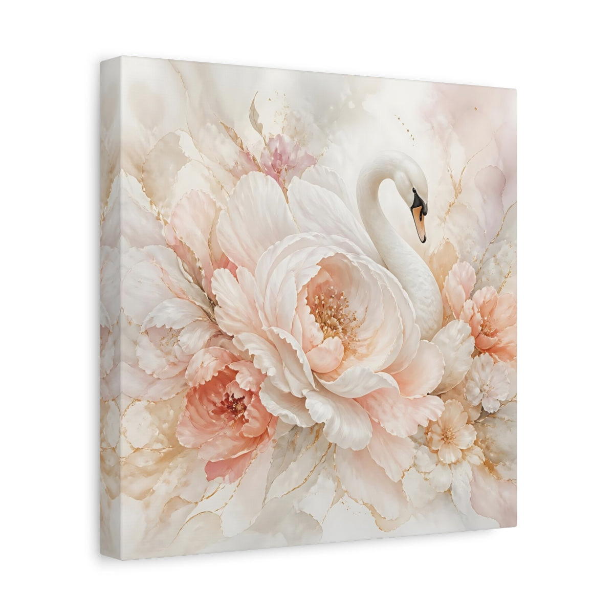 Side Mockup 8. Birds Swan Blush Swan Floral shown as stretched canvas wall art