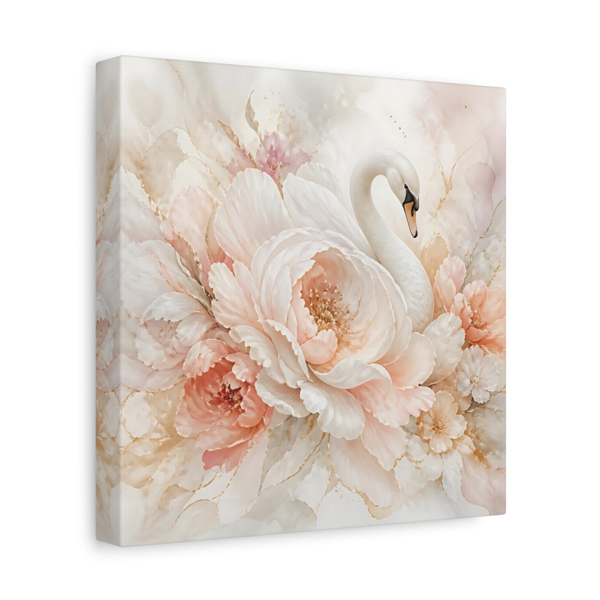 Side Mockup 9. Birds Swan Blush Swan Floral shown as stretched canvas wall art