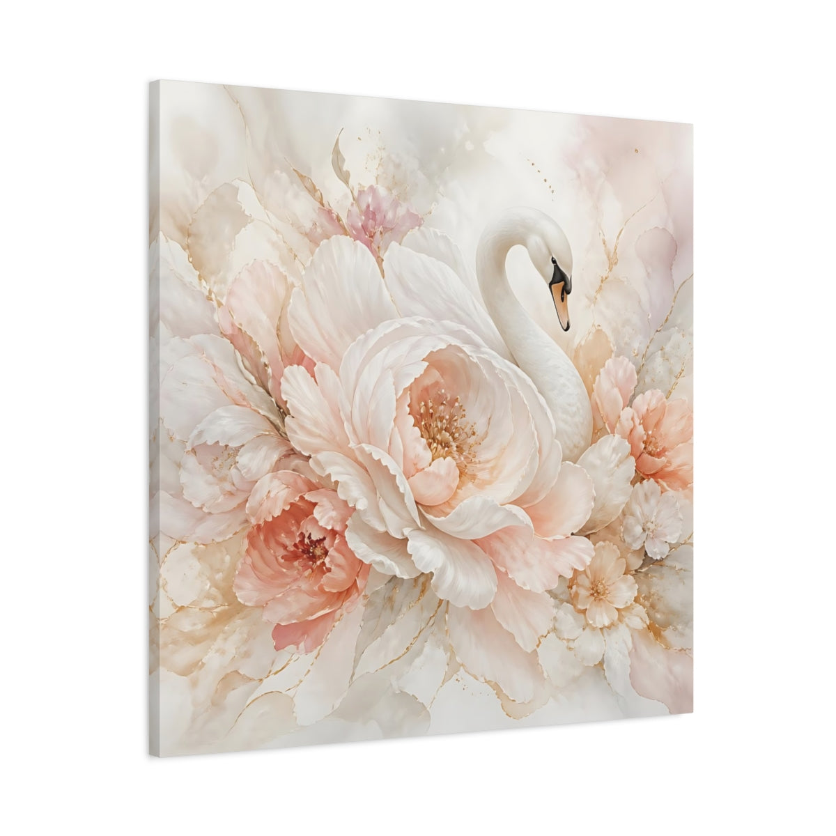Main Mockup. Birds Swan Blush Swan Floral shown as stretched canvas wall art