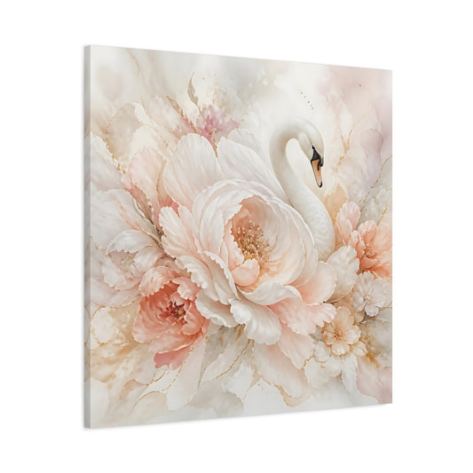 Main Mockup. Birds Swan Blush Swan Floral shown as stretched canvas wall art
