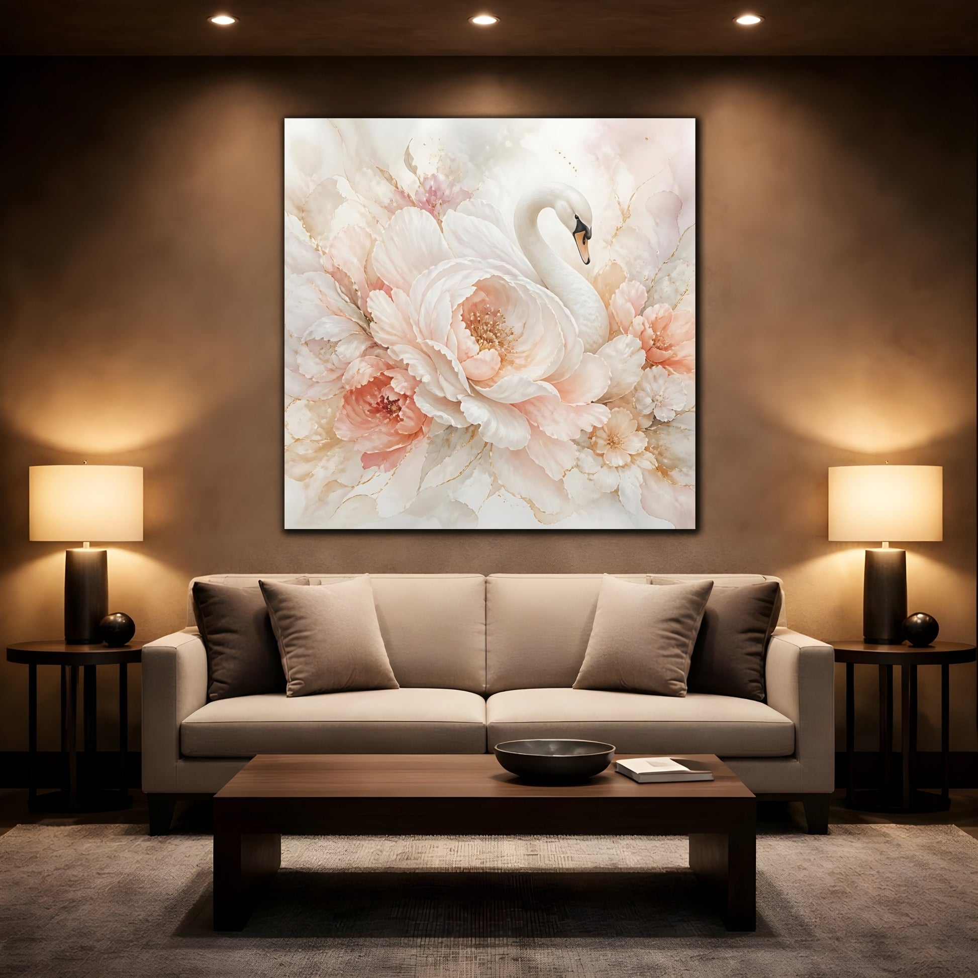 Mockup 2. Birds Swan Blush Swan Floral shown as stretched canvas wall art