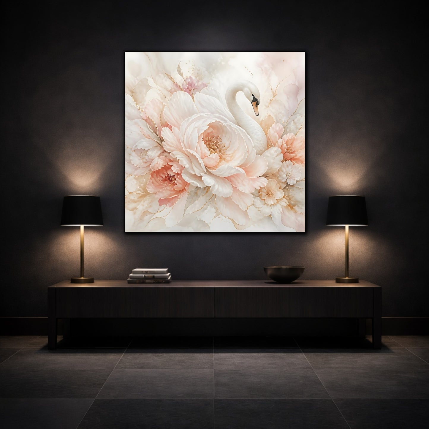 Mockup 3. Birds Swan Blush Swan Floral shown as stretched canvas wall art