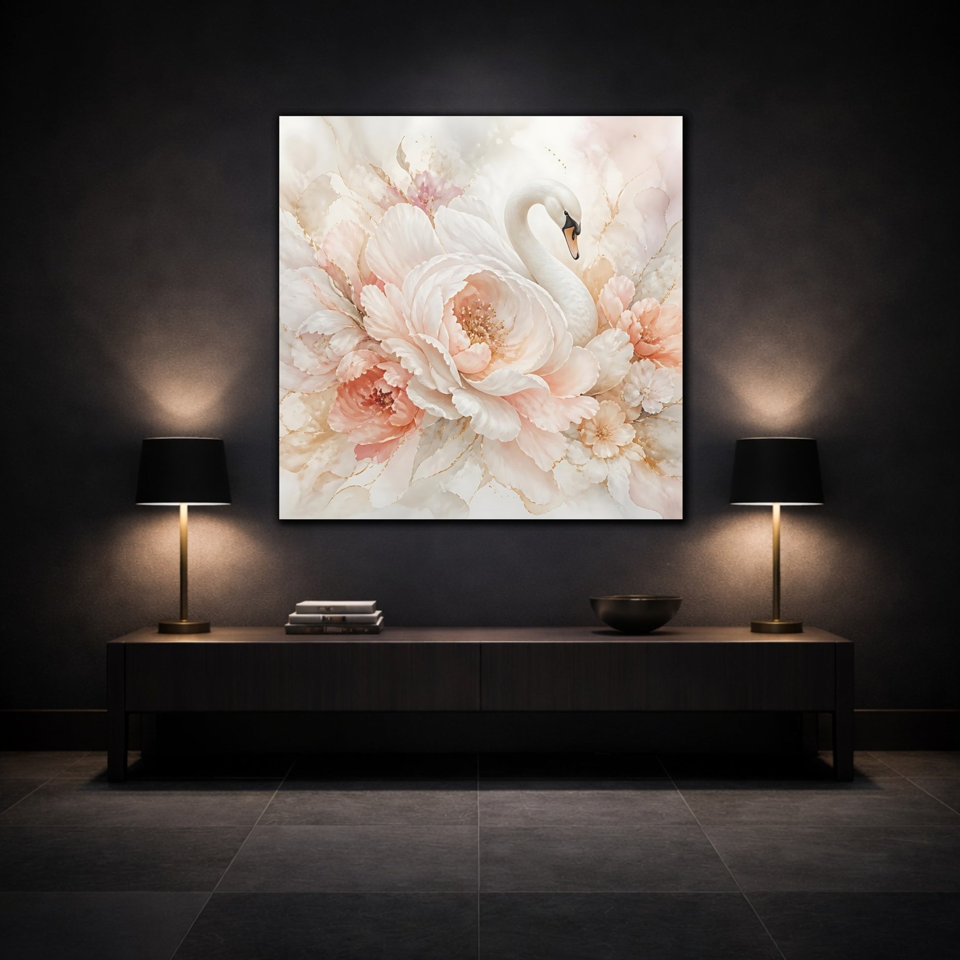 Mockup 3. Birds Swan Blush Swan Floral shown as stretched canvas wall art